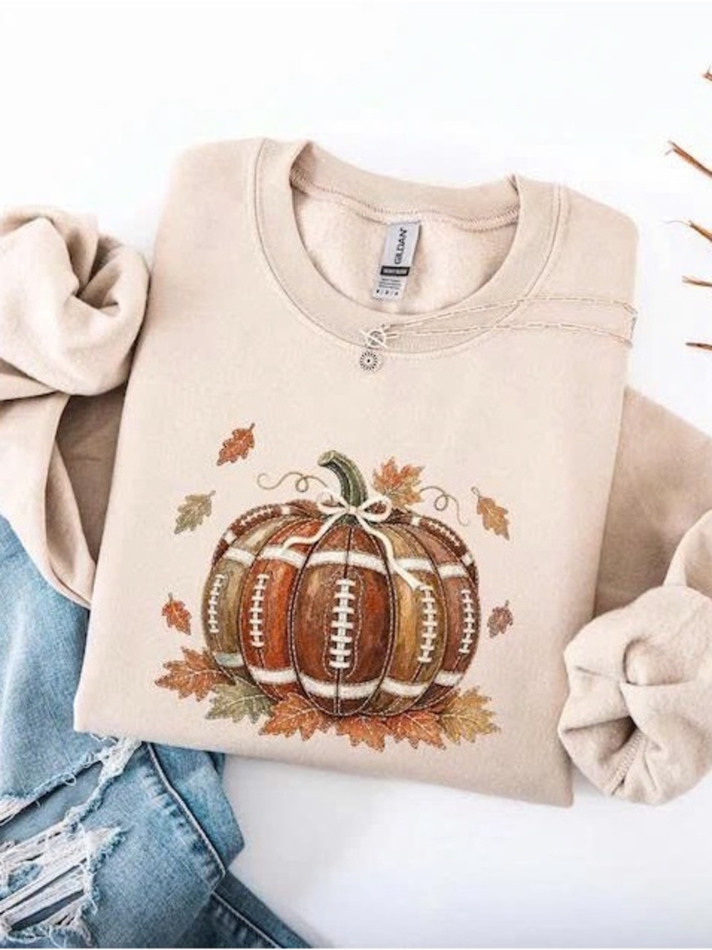 Beige Pumpkin Football Graphic Crewneck Sweatshirt